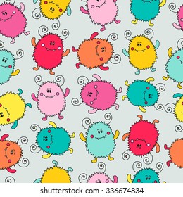 Seamless pattern with cute colorful monsters. Vector hand drawn doodle beasts. Fun background for kids.