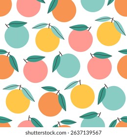 Seamless pattern with cute colorful oranges, grapefruits. Design for banner, wallpaper, textile, wrapping paper, background, cards. Vector illustration in flat style