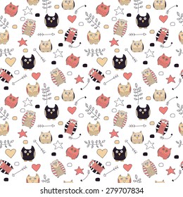 Seamless pattern with cute colorful owls and decoration elements: arrows, branches, hearts, dots in restrained colors. Vector illustration.