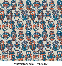 Seamless pattern with cute colorful owls. Hand drawn graphic design
