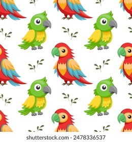 Seamless pattern of cute colorful parrots. Cute cartoon macaw birds. Illustration, background, print for children