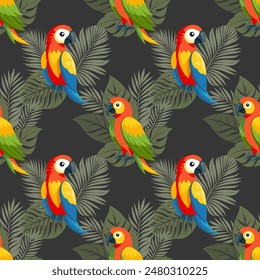 Seamless pattern, cute colorful parrots on a fog of tropical leaves. Cute macaw birds. Design for textile, background, print