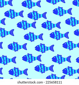 Seamless pattern with cute colorful patterned fish on light blue background