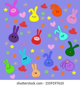 Seamless pattern with cute colorful rabbit on purple background,  Animal Background for Kids