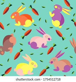 Seamless pattern with cute colorful rabbits, carrots and leaves. Pattern for baby clothes