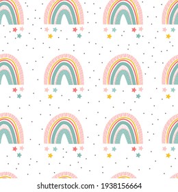 Seamless pattern of cute colorful rainbow in Scandinavian style. Isolated rainbow with stars for baby and kids room poster, decoration, print for textile.