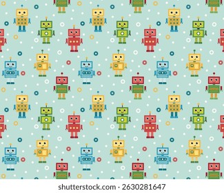 Seamless Pattern with Cute Colorful Robots and Dots Playful Cartoon Robot Background for Kids, Baby Products, Fabric