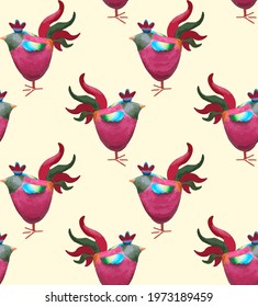 Seamless pattern. Cute, colorful rooster