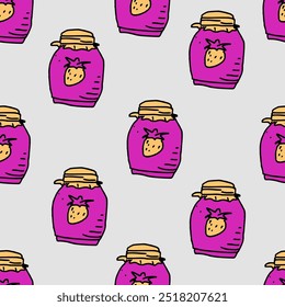 Seamless pattern of cute colorful simplistic strawberry jam. Template for Notebook covers, for wallpapers, textile or for cafe, restaurant. Doodle vector art. Childish naive art