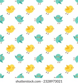 Seamless pattern with cute colorful spring birds.