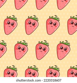 Seamless pattern with cute colorful Strawberries on polka dot background.