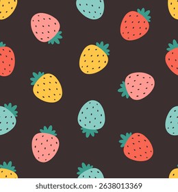 Seamless pattern with cute colorful strawberries. Design for banner, wallpaper, textile, wrapping paper, background, cards. Vector illustration in flat style