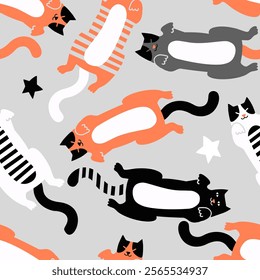 Seamless pattern with cute colorful tabby cats with stars. Funny pet characters. Vector illustration. Good for fabric, textile, paper. Lovely Kittens.