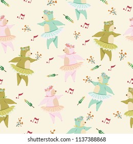 seamless pattern cute a colorful teddy bear cartoon wear ballet skirt and chaplet having fun dancing, illustration vector by freehand doodle comic art.