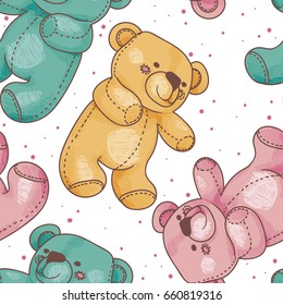 seamless pattern with cute colorful teddy bears, candy palette, sketch style vector illustration