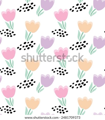 Seamless pattern. Cute pattern with colorful tulips flowers. Tulip pattern. Floral texture pastel color for design, textile, fabric, paper, wallpaper, scrapbooking, cards, wrapping, vector