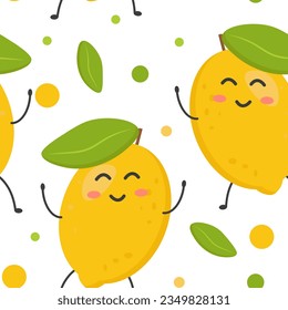 Seamless pattern of cute colorful yellow lemons. Fruit close up. Banner, flyer, wallpaper, fabric design. Vector flat illustration.