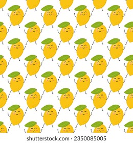Patrón sin foco de limones amarillos lindos y coloridos. Muchas frutas pequeñas. Cartel, volante, papel pintado, diseño de tela. Ilustración plana vectorial.