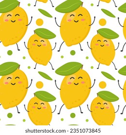 Seamless pattern of cute colorful yellow lemons. Large and small. Banner, flyer, wallpaper, fabric design. Vector flat illustration.