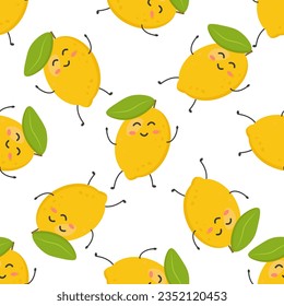 Seamless pattern of cute colorful yellow lemons. They are located randomly. Banner, flyer, wallpaper, fabric design. Vector flat illustration.