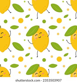 Patrón sin foco de limones amarillos lindos y coloridos. Hojas y puntos verdes. Cartel, volante, papel pintado, diseño de tela. Ilustración plana vectorial.