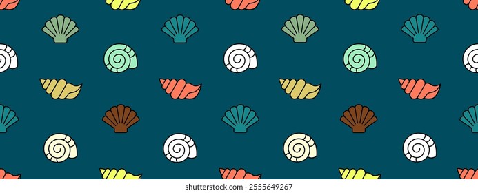 Seamless pattern with cute colorfull shell. Hand drawn travel and summer background with seashell. Cartoon flat pattern with sea objects, vector illustration