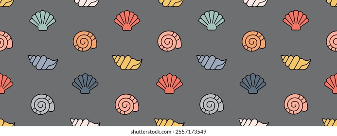 Seamless pattern with cute colorfull shell. Hand drawn travel and summer background with seashell. Cartoon flat pattern with sea objects, vector illustration