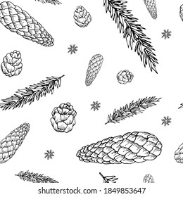 Seamless pattern of cute cones, fir branches, snowflakes in sketch style on a white background.Christmas background.Vector illustration in Doodle style. For greeting cards, design, decoration