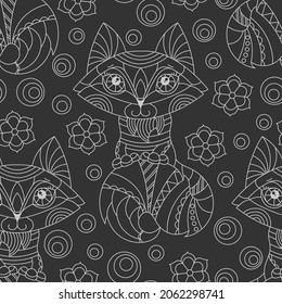Seamless pattern with cute contour cartoon foxes, raccoons and flowers, light outlines animals on a dark background