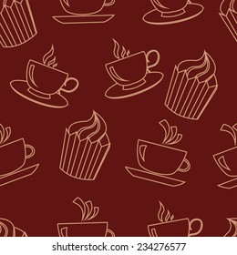 Seamless pattern with cute contour cups and cakes on brown background
