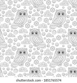 Seamless pattern with a cute contour owls, flowers and clouds, dark outline birds on a white background