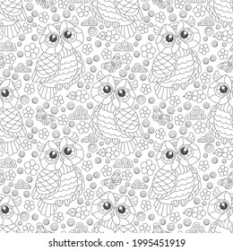 Seamless pattern with a cute contour owls, flowers and clouds, outline birds on a white sky background