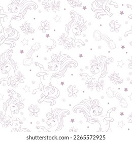Seamless pattern with cute contour unicorns and stars on a white background. Vector illustration. For party, print, baby shower, wallpaper, design, decor, dishes, bed linen, apparel