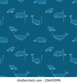 Seamless pattern with cute contour whales on blue background