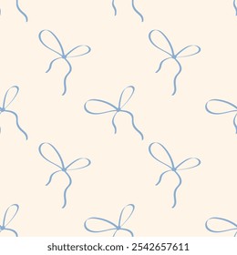 Seamless pattern with cute coquette blue bows. Trendy hair braiding accessory. Hand drawn vector illustration.
