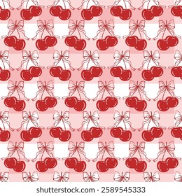 Seamless pattern cute coquette red cherry with cute ribbon on color background. Vector illustration.
