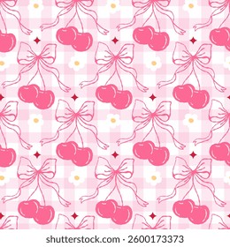 Seamless pattern cute coquette red cherry with cute ribbon on color background. Vector illustration.	