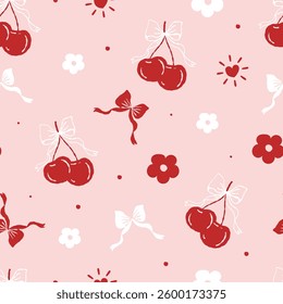 Seamless pattern cute coquette red cherry with cute ribbon on color background. Vector illustration.	