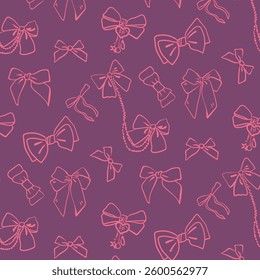 Seamless pattern with cute coquette vintage girly bows and ribbons. Hand drawn background in doodle style. Vector drawing for invitation, scrapbooking, postcard or cover of diary.