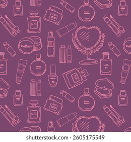 Seamless pattern with cute coquette vintage girly cosmetics. Hand drawn background in doodle style. Vector drawing for invitation, scrapbooking, postcard or personal secret diary.