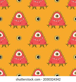 Patrón sin foco con monstruos de coral lindos y ojos en el fondo naranja. Fondo infantil repetido. Bueno para envolver papel, papel pintado, diseño de papel, ropa de bebé, textiles. Eps 10