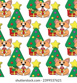 Seamless pattern with cute Corgi with Christmas Tree