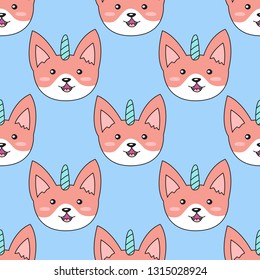Seamless pattern with cute Corgi dog. Cartoon background with animals. Dog-unicorn