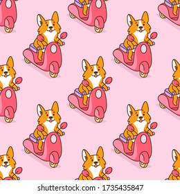 Seamless pattern with cute corgi dog rides on a pink motobike. It can be used for packaging, wrapping paper, textile, home decor etc.