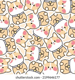 Seamless pattern of cute corgi dog sticker background.Animal character design.Baby clothing.Kawaii.Vector.Illustration.