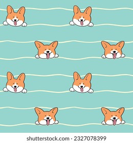 Seamless Pattern of Cute Corgi Dog Head and Wavy Line Design on Pastel Green Background