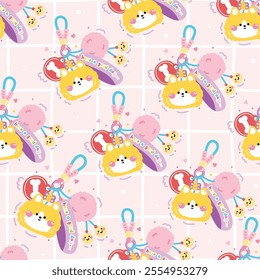 Seamless pattern of cute corgi dog face head keychain bag with bead and furry ball background.Have a good day text.Butterfly,heart,smile face.Pet animal cartoon.Kawaii.Vector.Illustration.