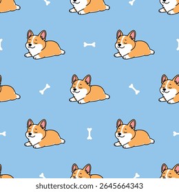 Seamless pattern of cute corgi dog lying down with its eyes closed cartoon, looking peaceful and happy, vector illustration
