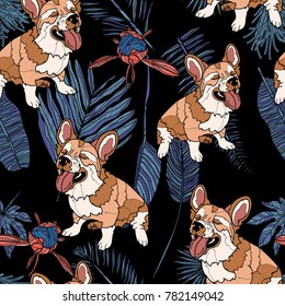 Seamless pattern with cute corgi dog, tropical leaves and peony bouton. Vector illustration. Typography design elements for prints, cards, posters, products packaging, branding