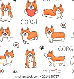 Seamless pattern with cute corgi dogs and lettering in cartoon doodle style. Vector illustration background.